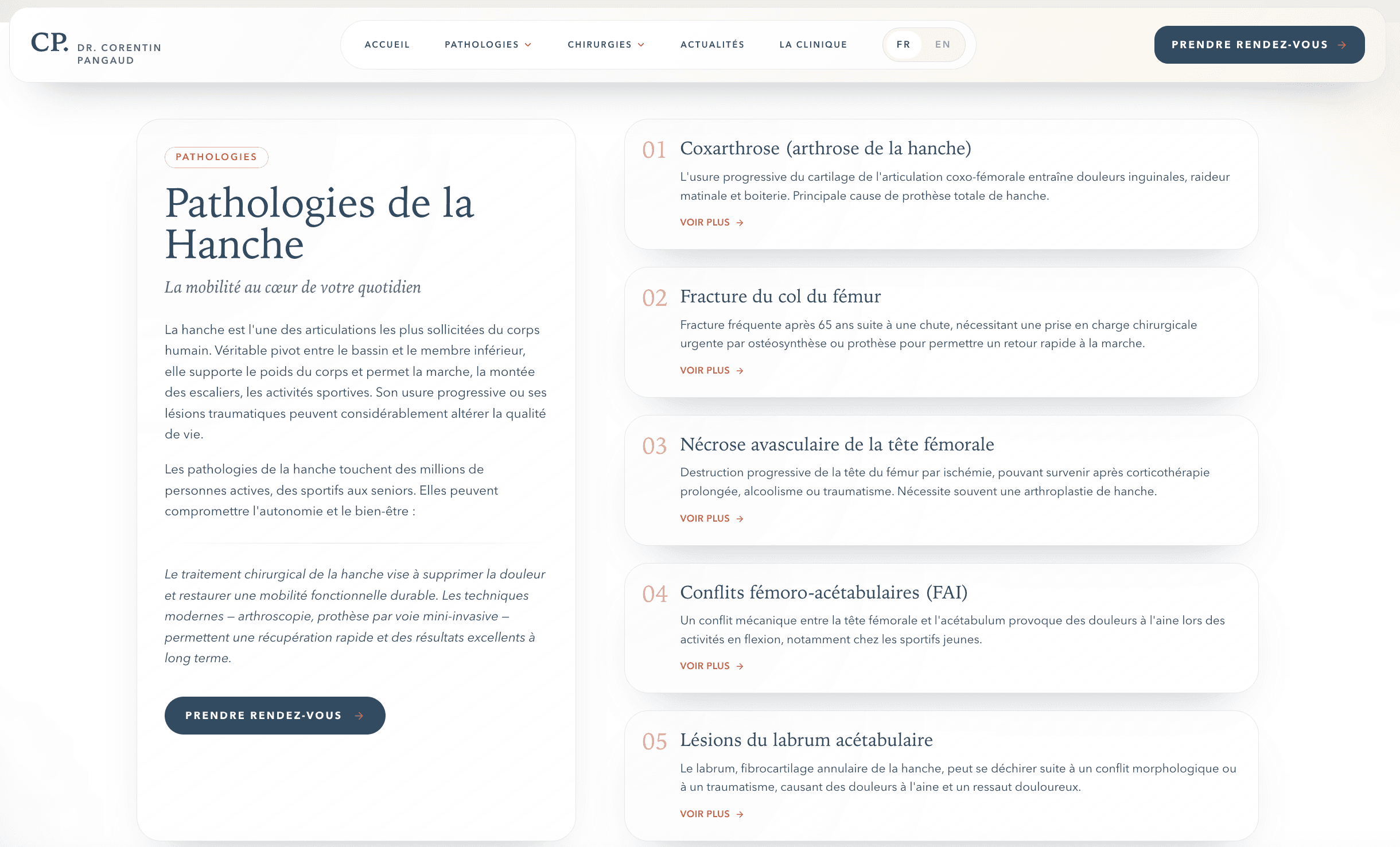 Site internet chirurgien orthopédique - liste des pathologies de la hanche